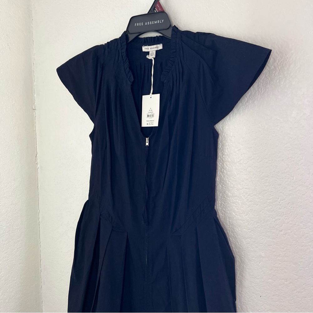 Nwt Free Assembly Women Zip Front Dress Navy Cotton maxi Flutter Sleeves - Picture 7 of 10